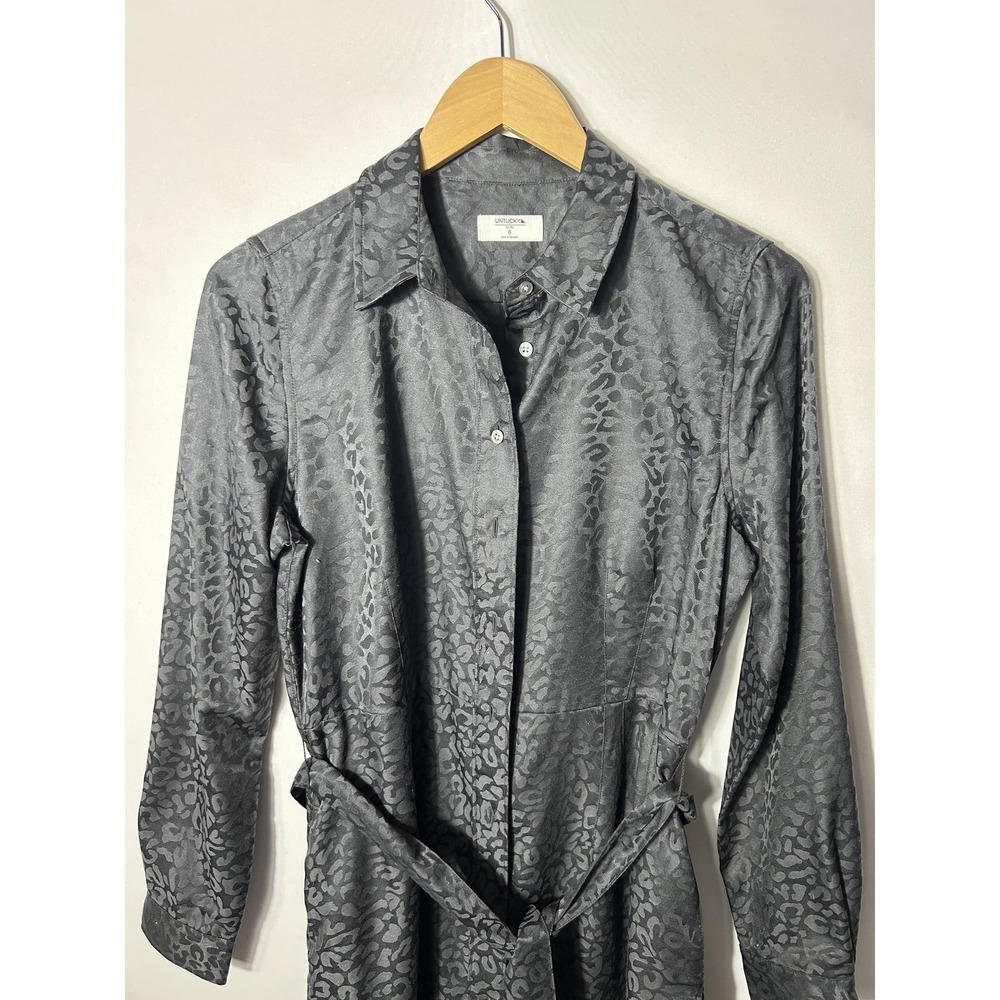 UNTUCKit Anna Shirt Dress Womens 6 Black Jacquard Animal Belted Long Sleeve - Picture 2 of 8
